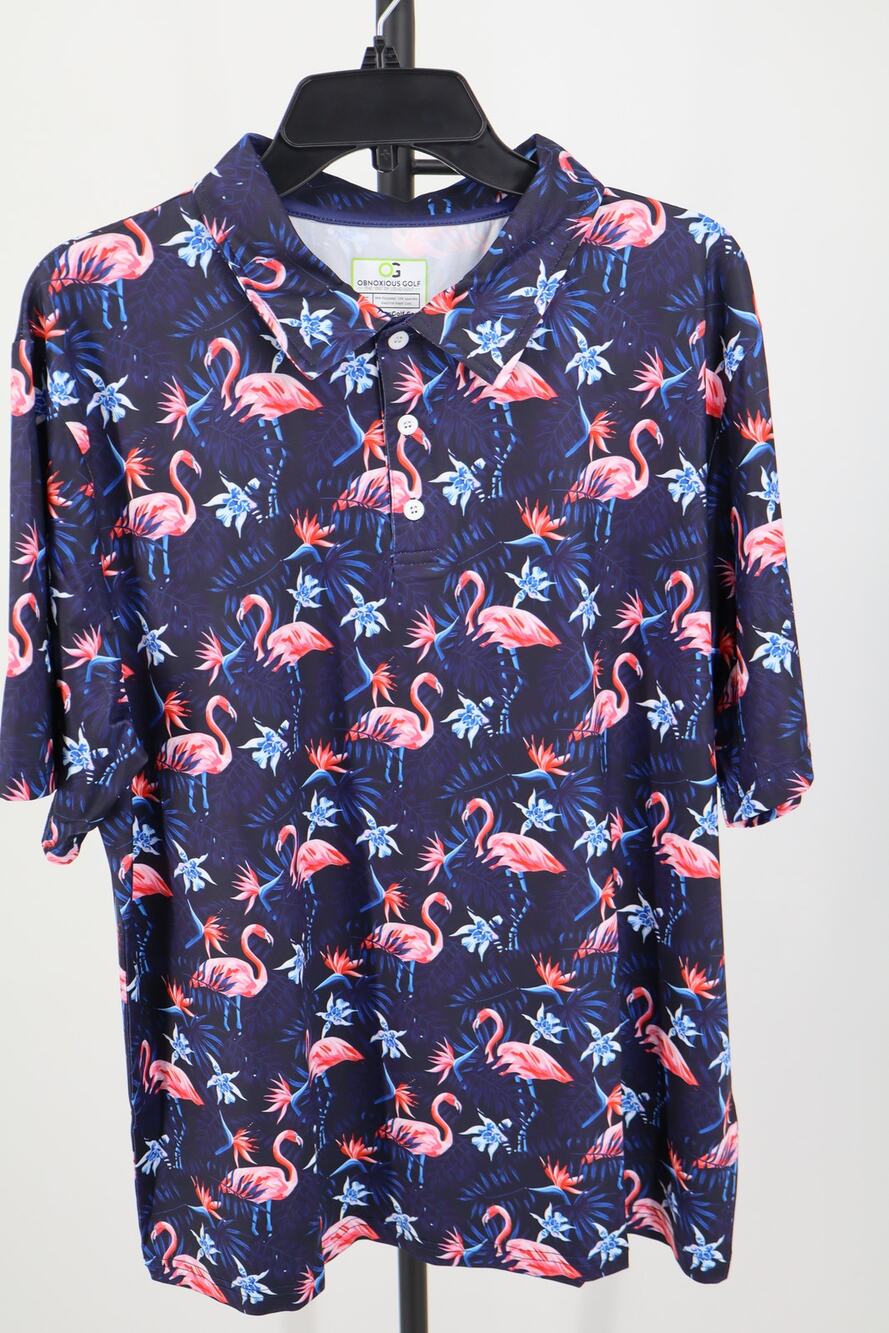 NEW Obnoxious Golf Flamingo Polo Shirt Men's Blue Short Sleeve Size L